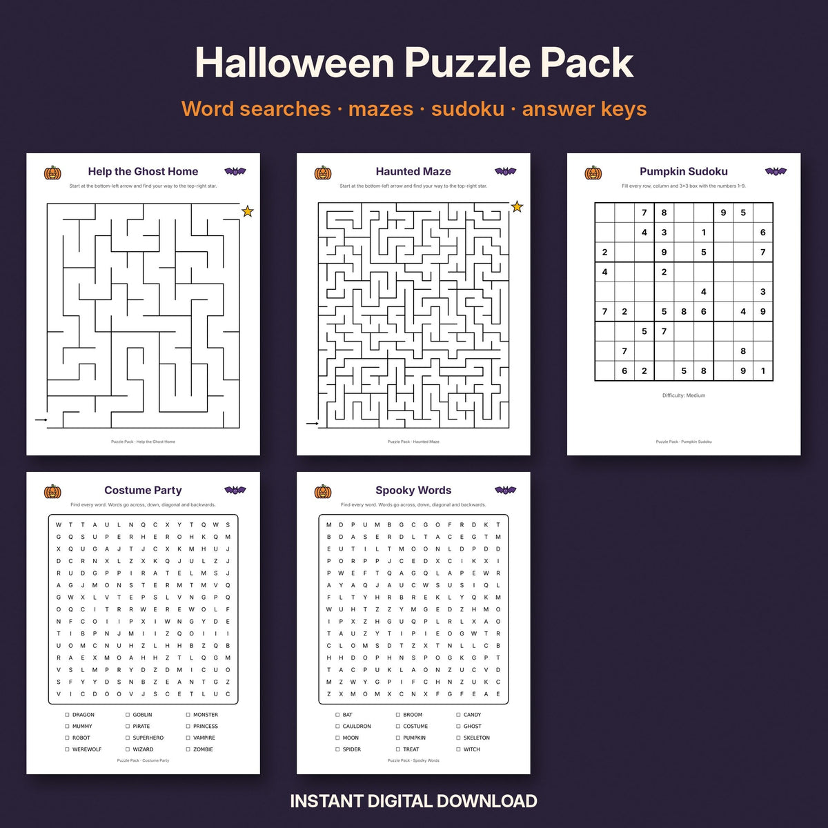 Halloween word search and puzzle pack printable