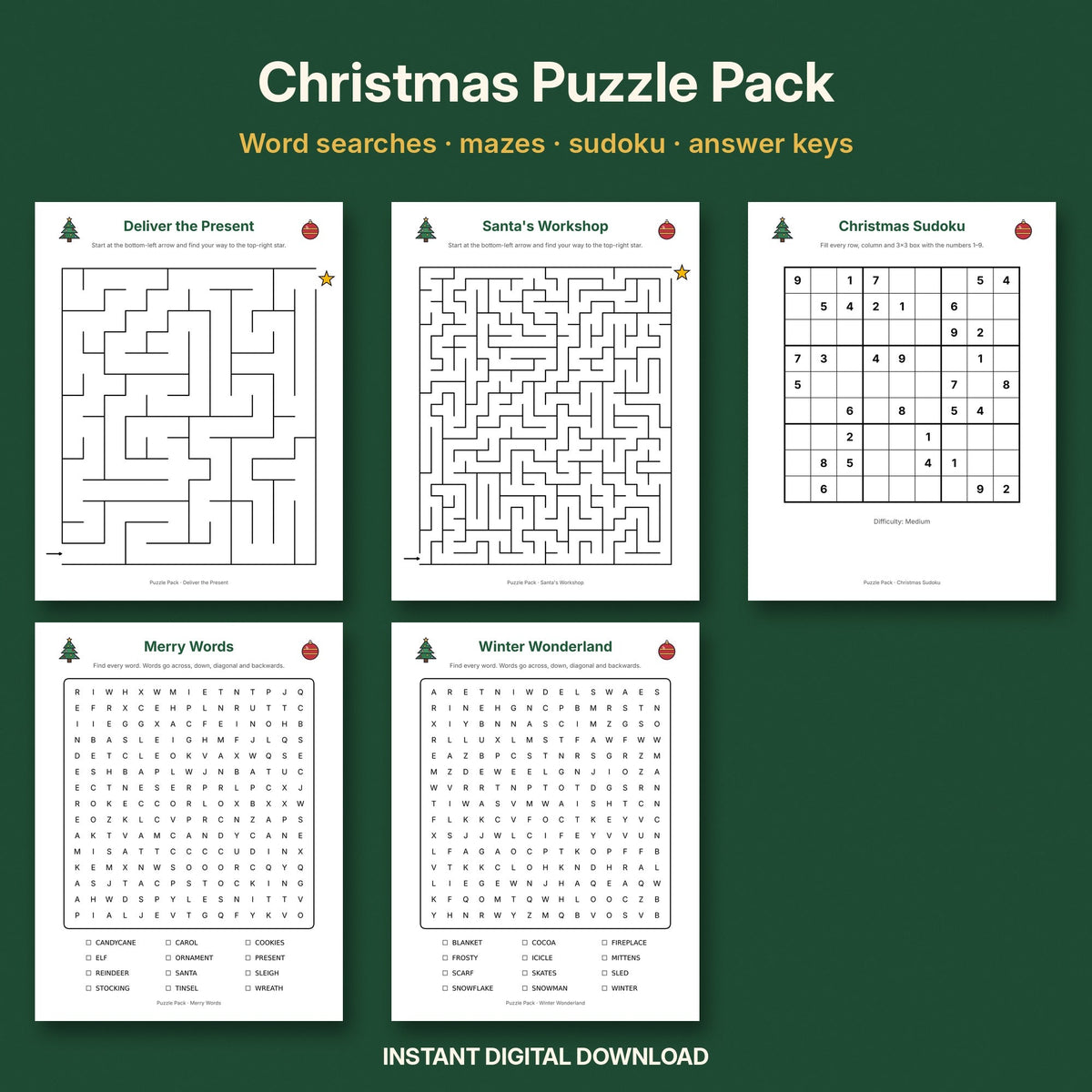 Christmas word search and puzzle pack printable
