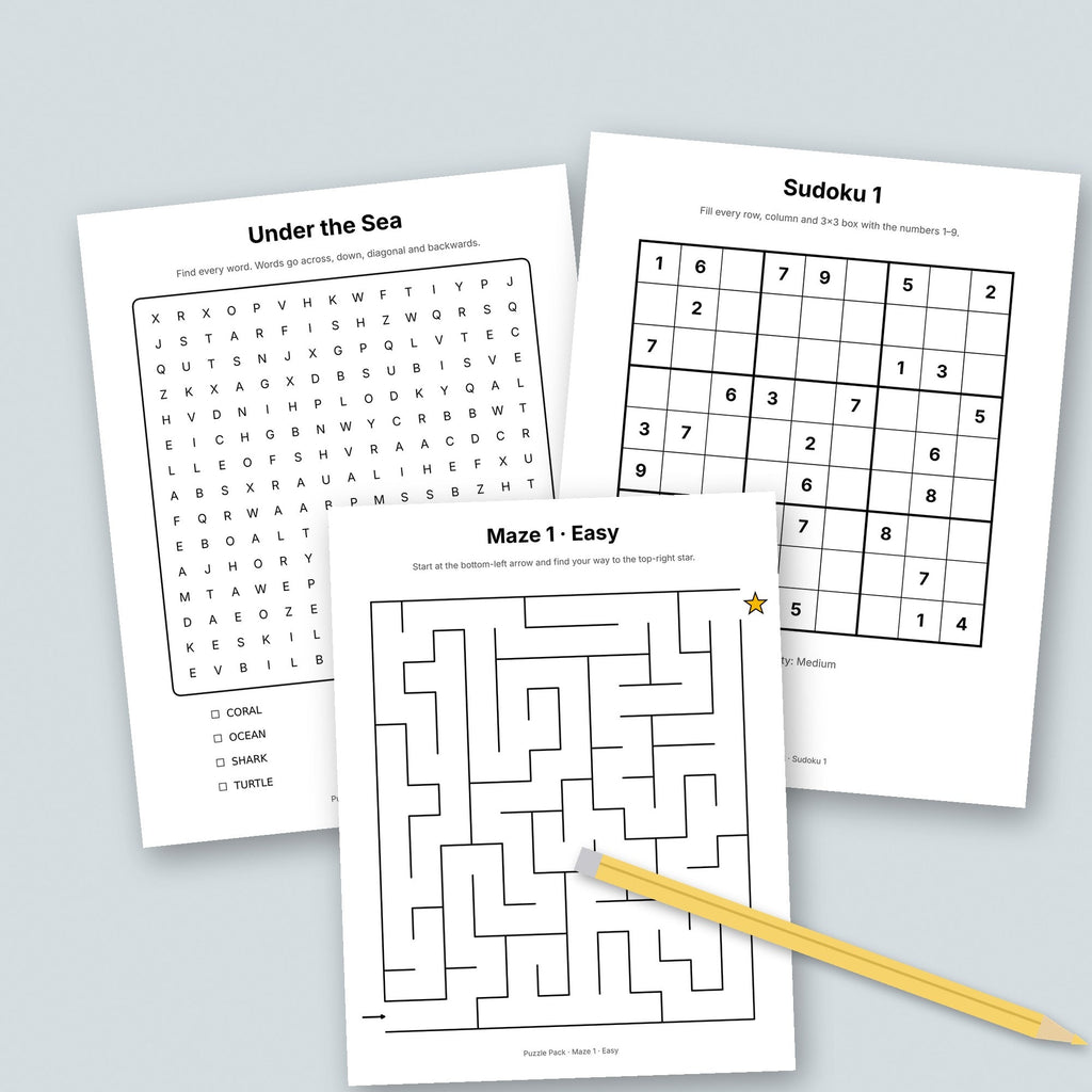 Printable word search, sudoku and maze pages with a pencil