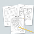 Printable word search, sudoku and maze pages with a pencil
