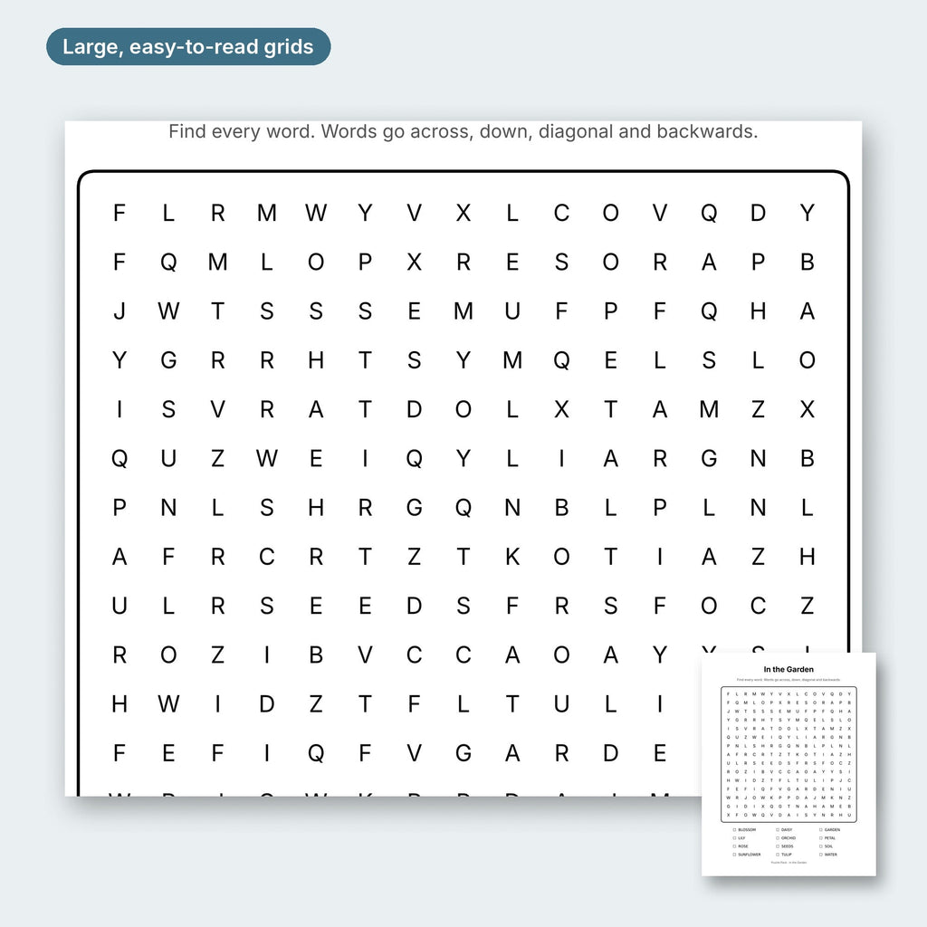 Close-up of the In the Garden word search grid