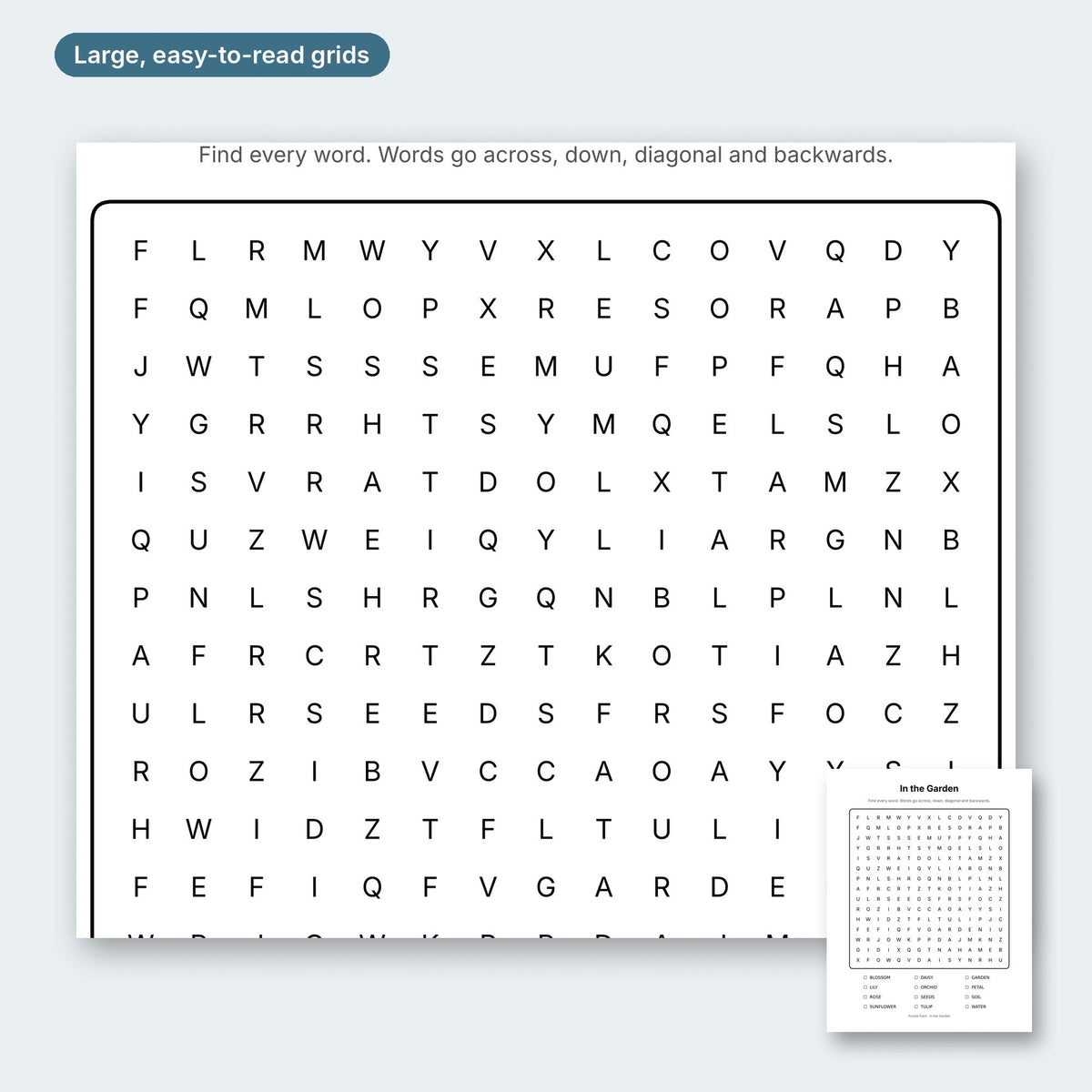Close-up of the In the Garden word search grid