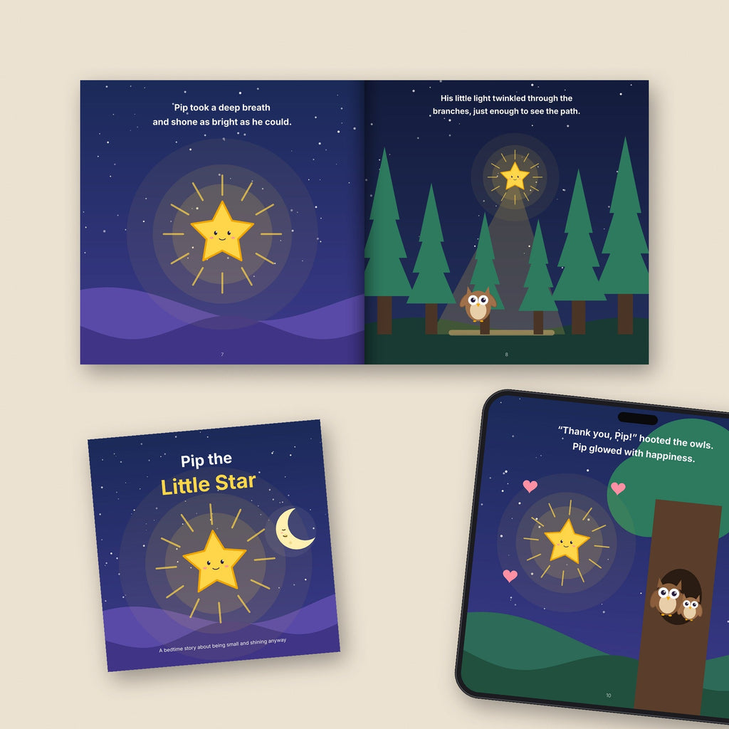 Pip the Little Star picture book open on a table with a phone showing a page