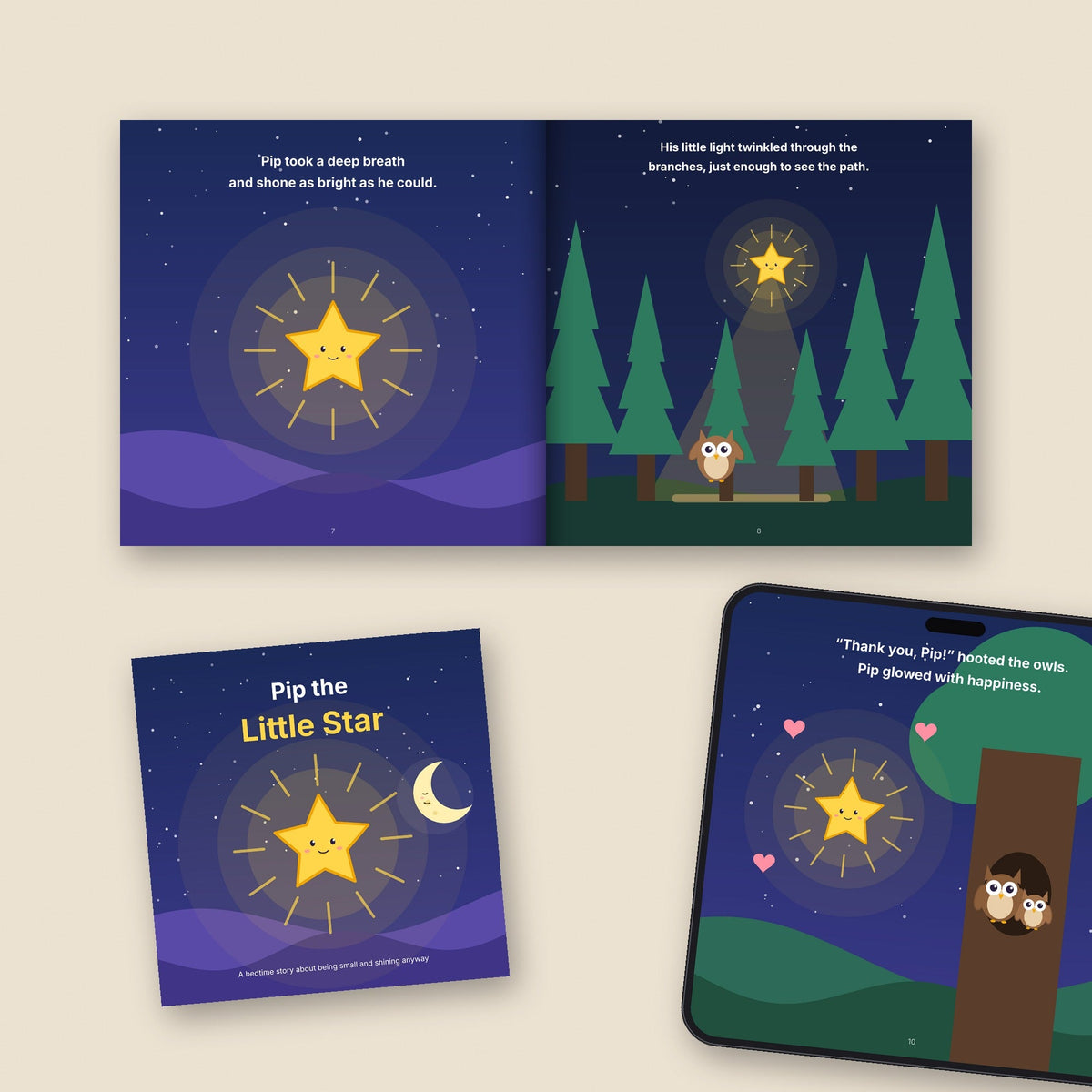 Pip the Little Star picture book open on a table with a phone showing a page