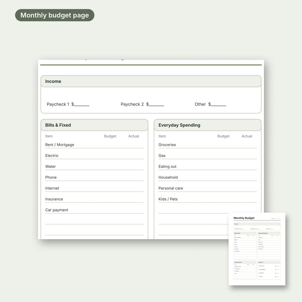Close-up of the printable monthly budget planner page