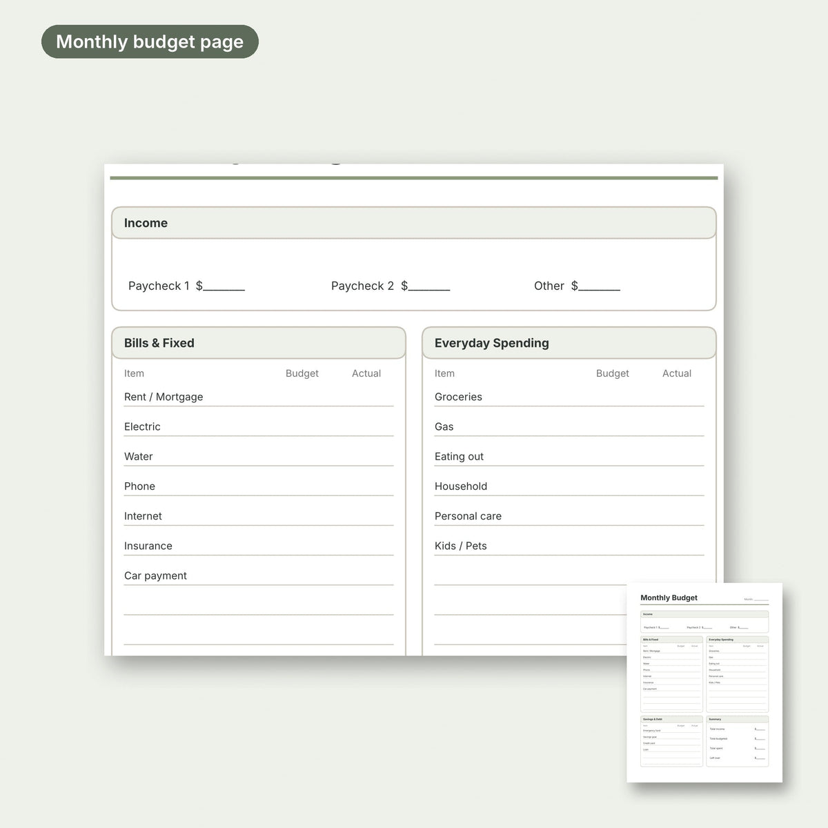 Close-up of the printable monthly budget planner page