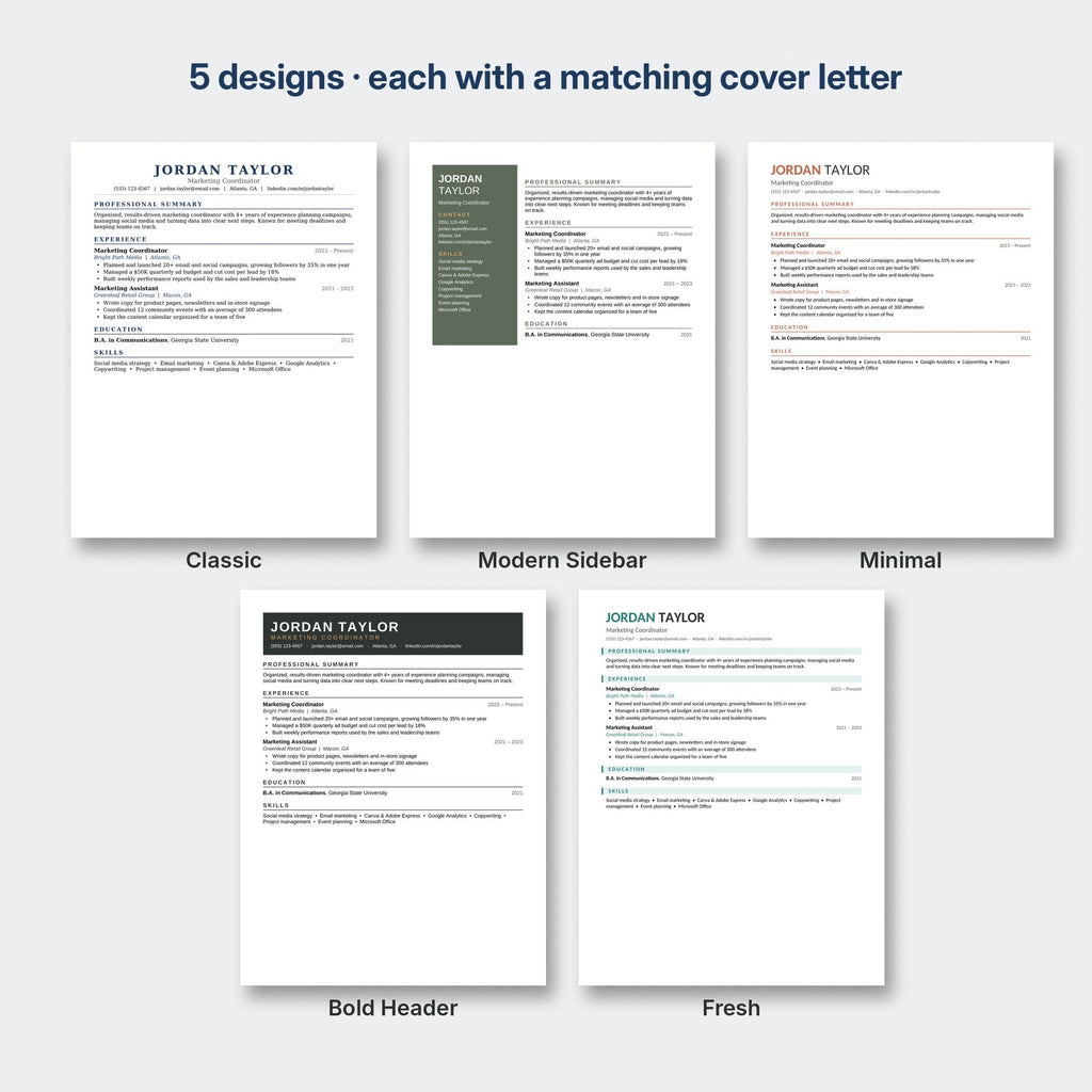 All five resume template designs side by side