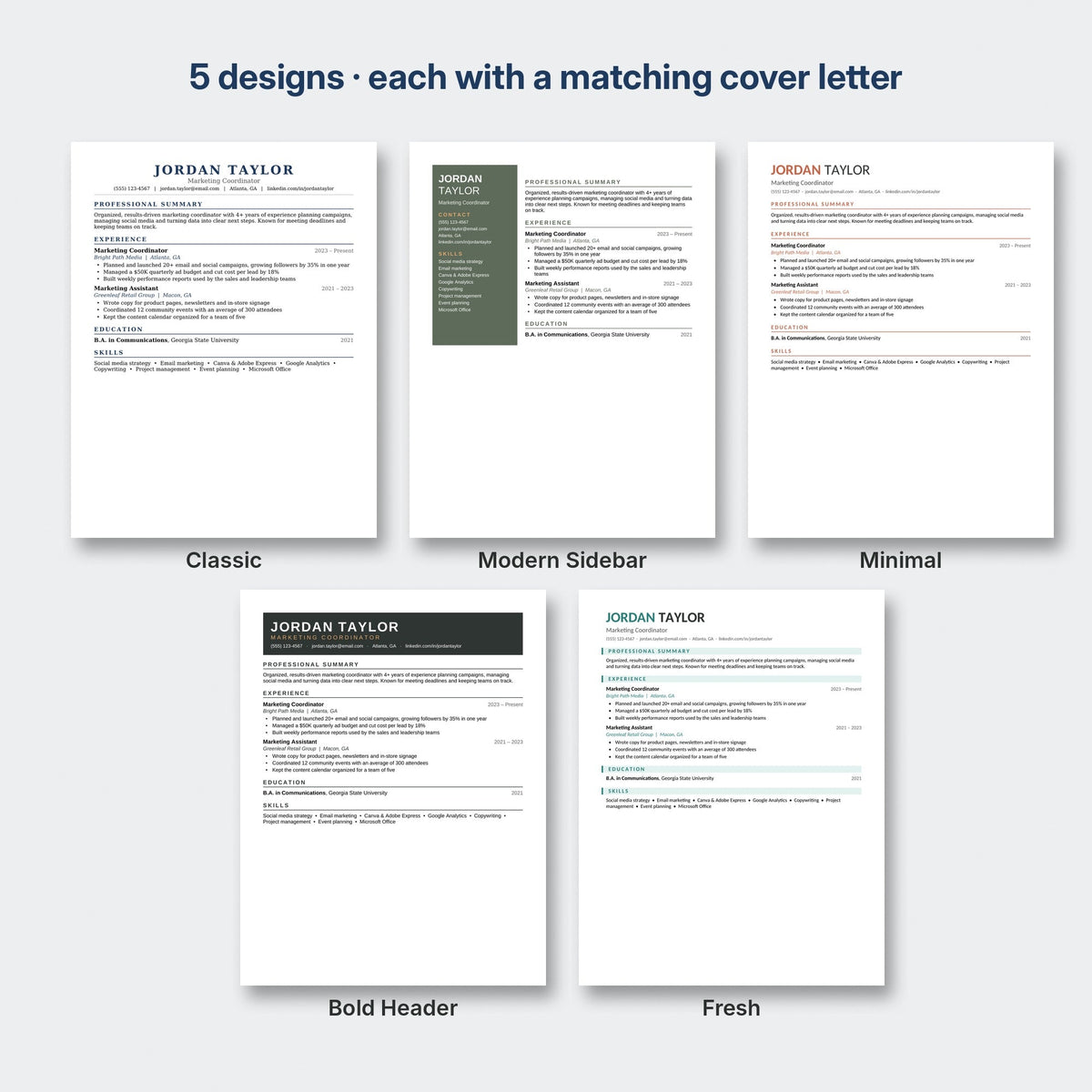 All five resume template designs side by side