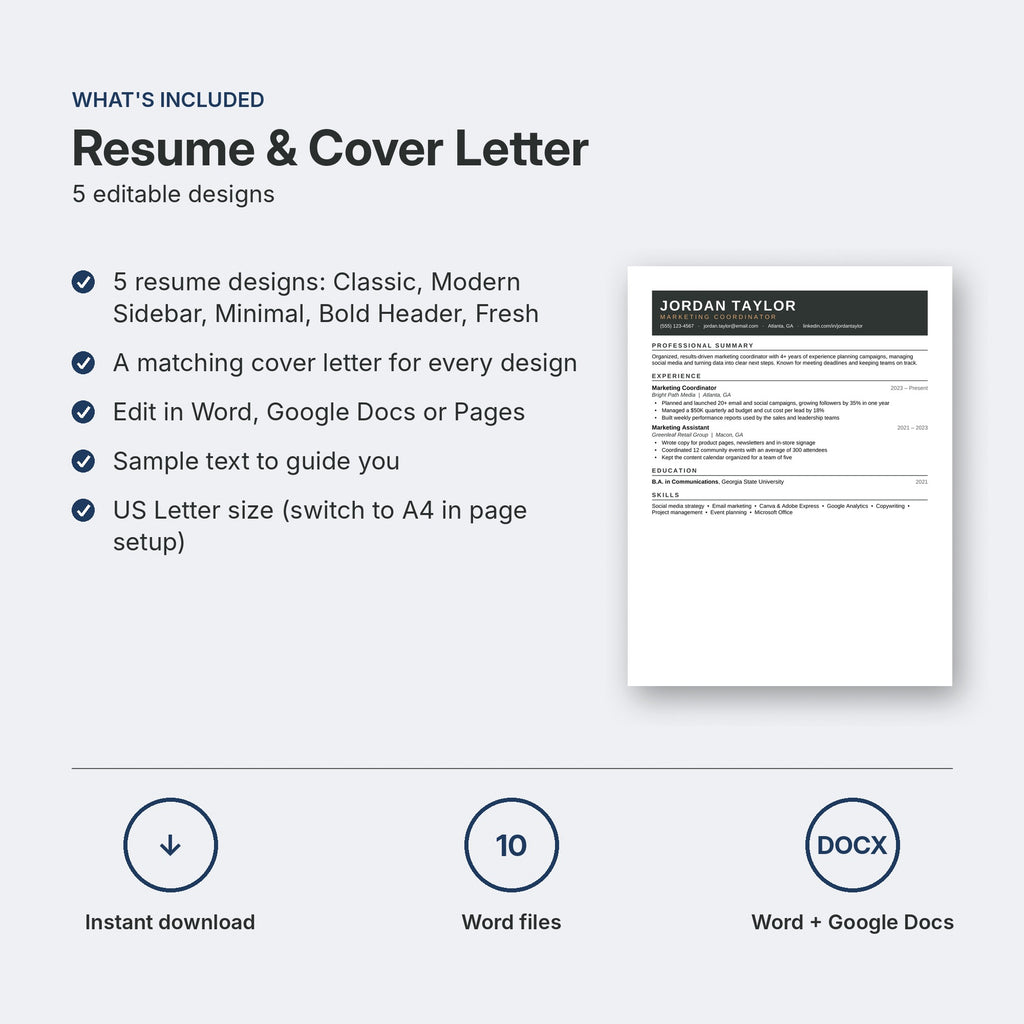 Resume & Cover Letter Templates | 5 Editable Designs for Word & Google Docs
