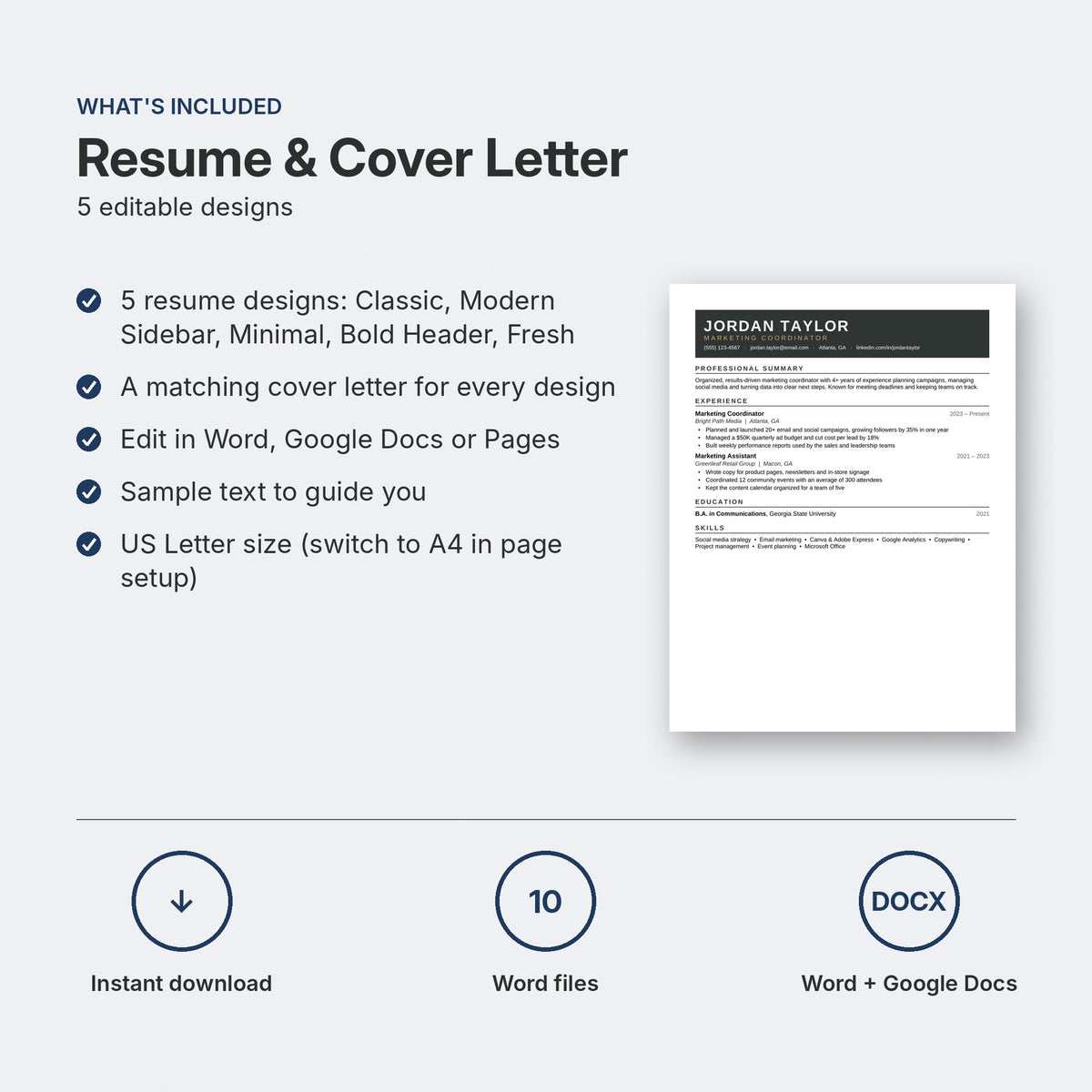 Resume & Cover Letter Templates | 5 Editable Designs for Word & Google Docs