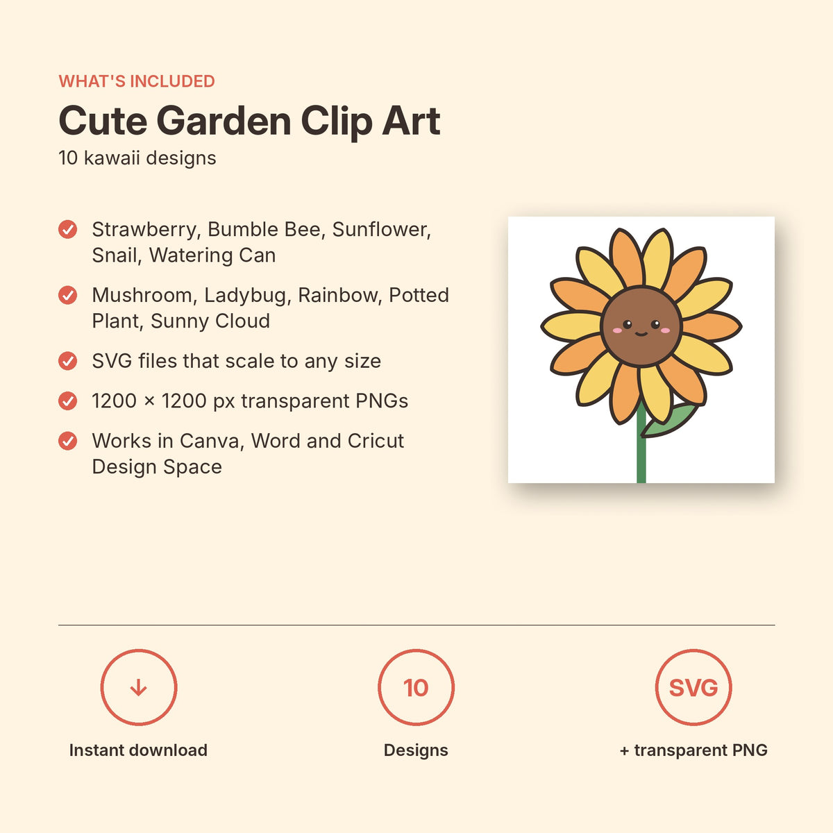 Cute Garden Clip Art Bundle | 10 Kawaii SVG & PNG Designs