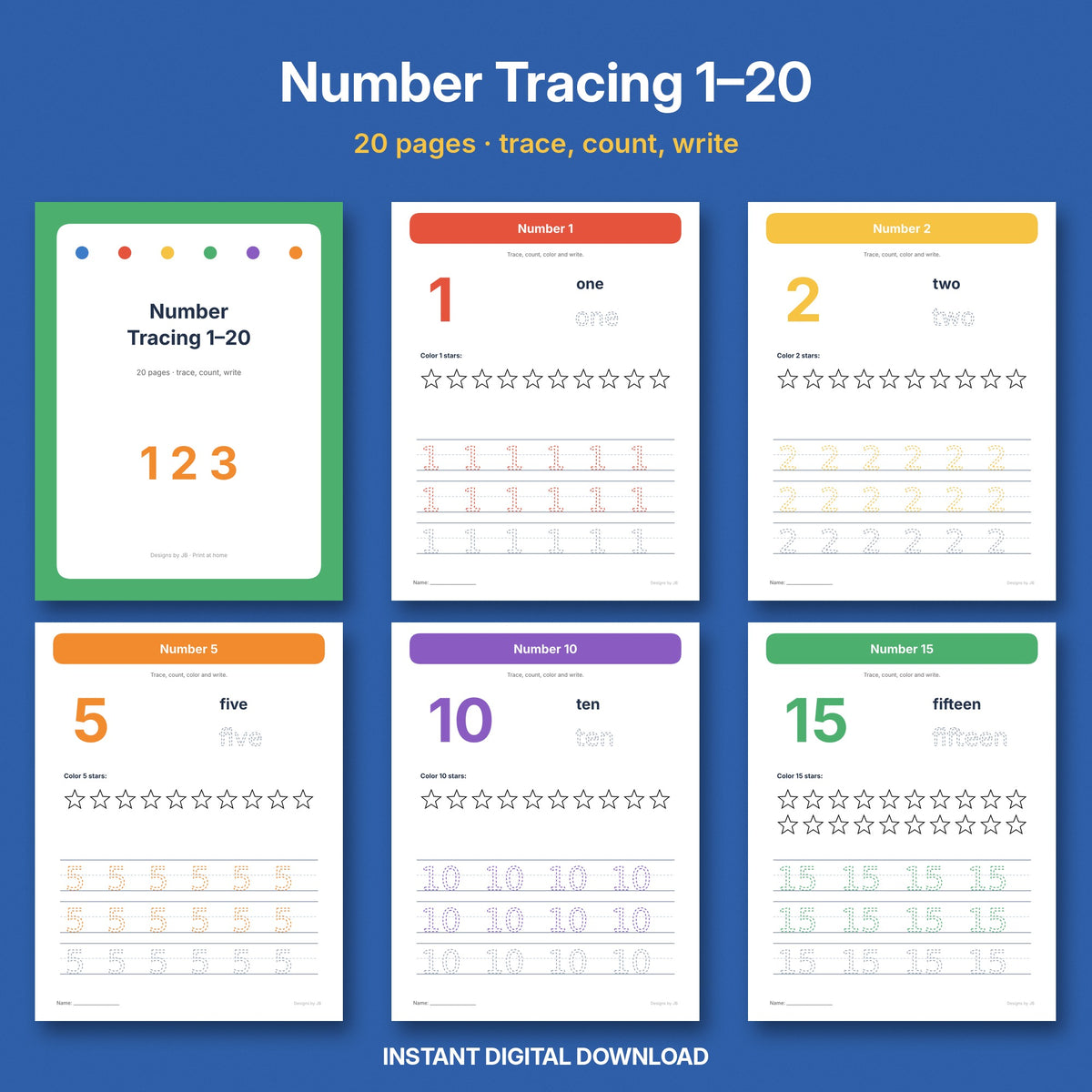 Number Tracing Worksheets 1–20 | Printable Counting & Writing Practice