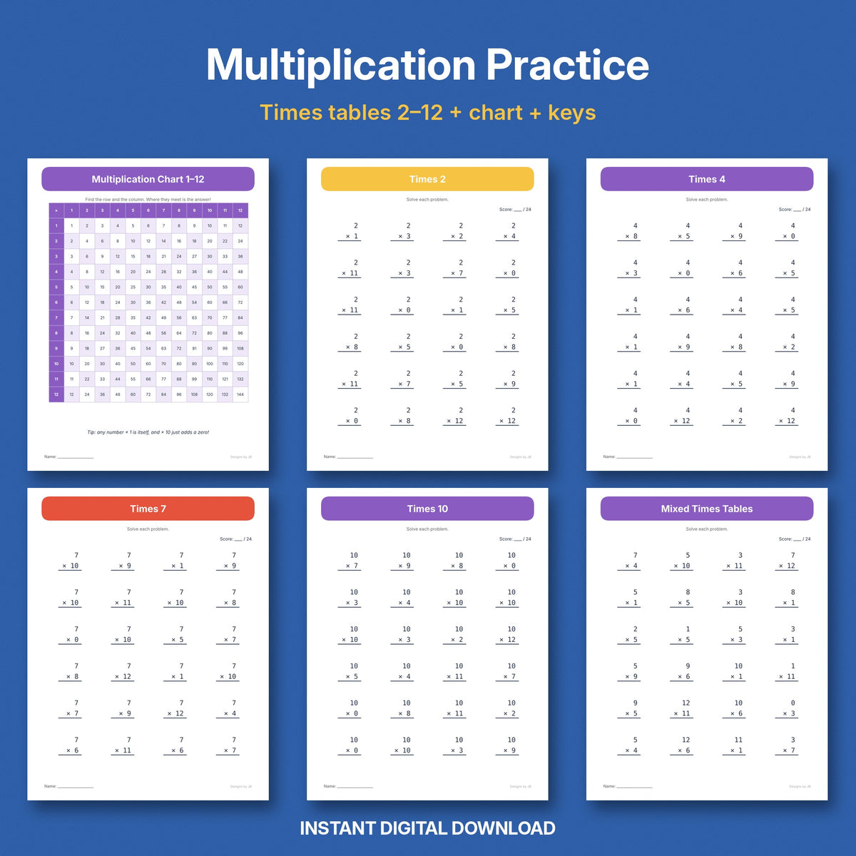 Multiplication Practice Worksheets | Times Tables 2–12, Chart & Answer Keys