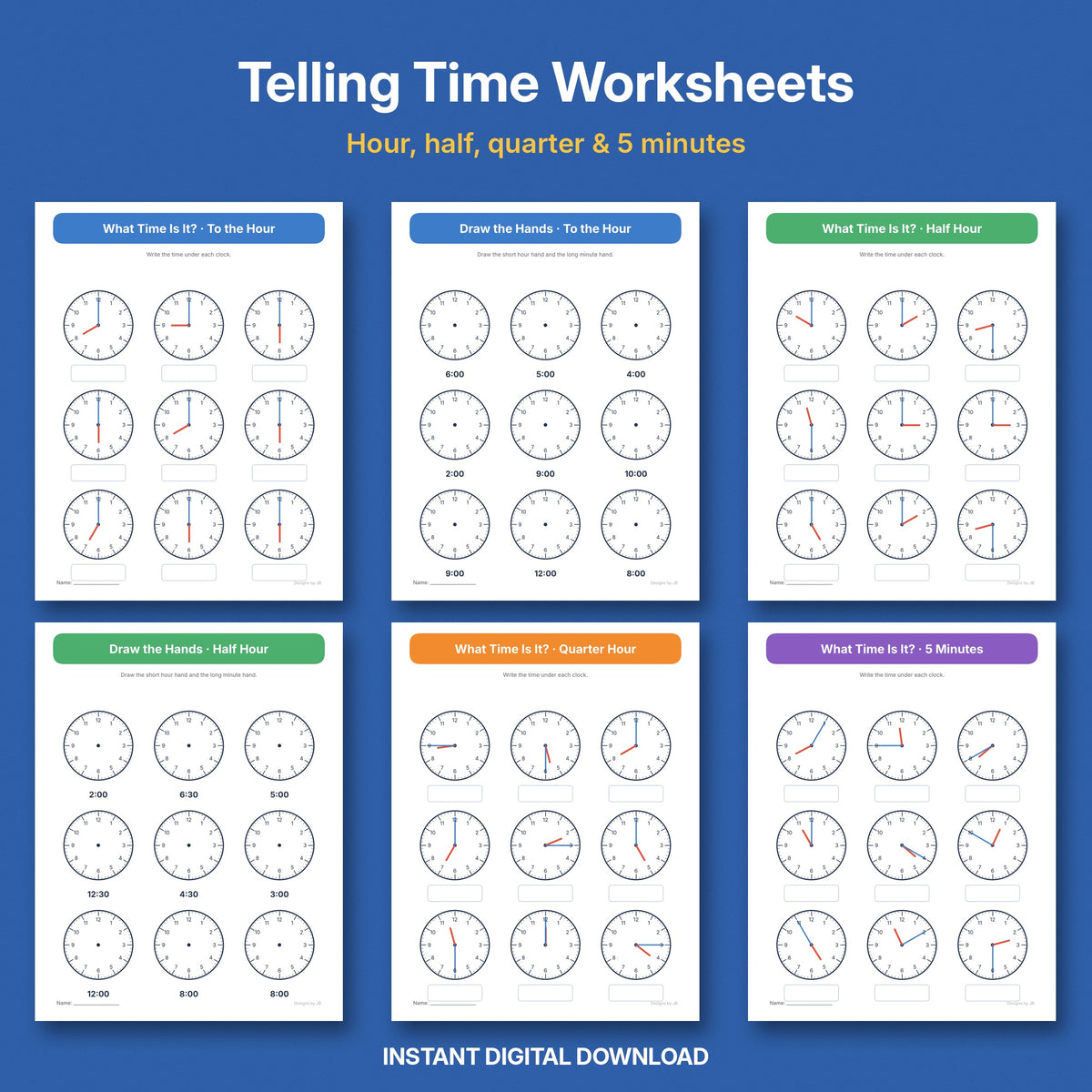 Telling Time Worksheets | Read & Draw Clocks – Hour, Half Hour, Quarter, 5 Minutes