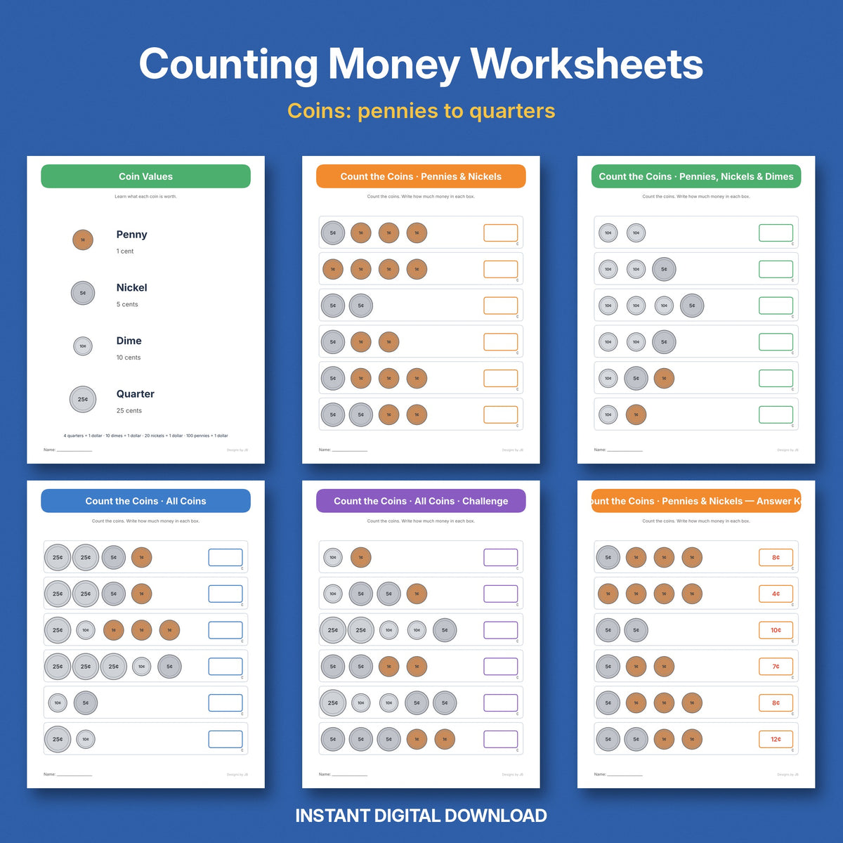 Counting Money Worksheets | Count Coins – Pennies, Nickels, Dimes & Quarters