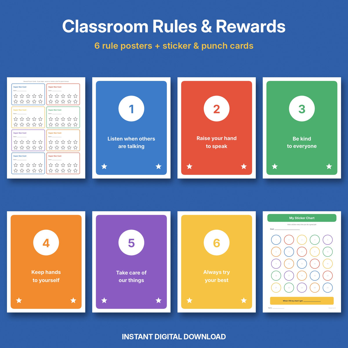 Classroom Rules Posters & Reward Charts | Sticker Chart + Punch Cards