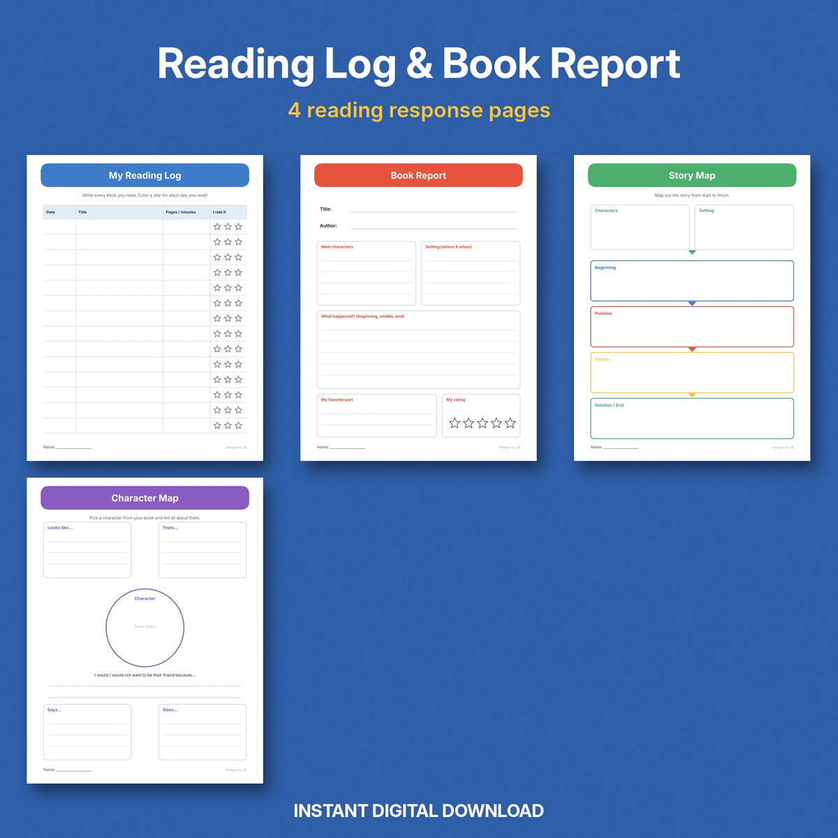 Reading Log & Book Report Printables | Story Map & Character Map