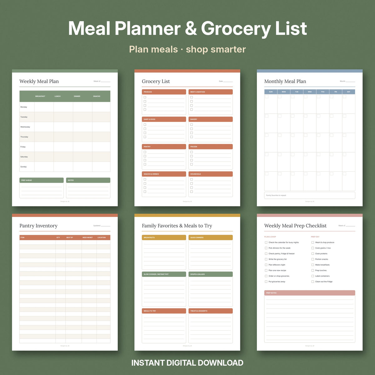 Meal Planner & Grocery List Printable | Weekly & Monthly Meal Plan, Pantry Inventory