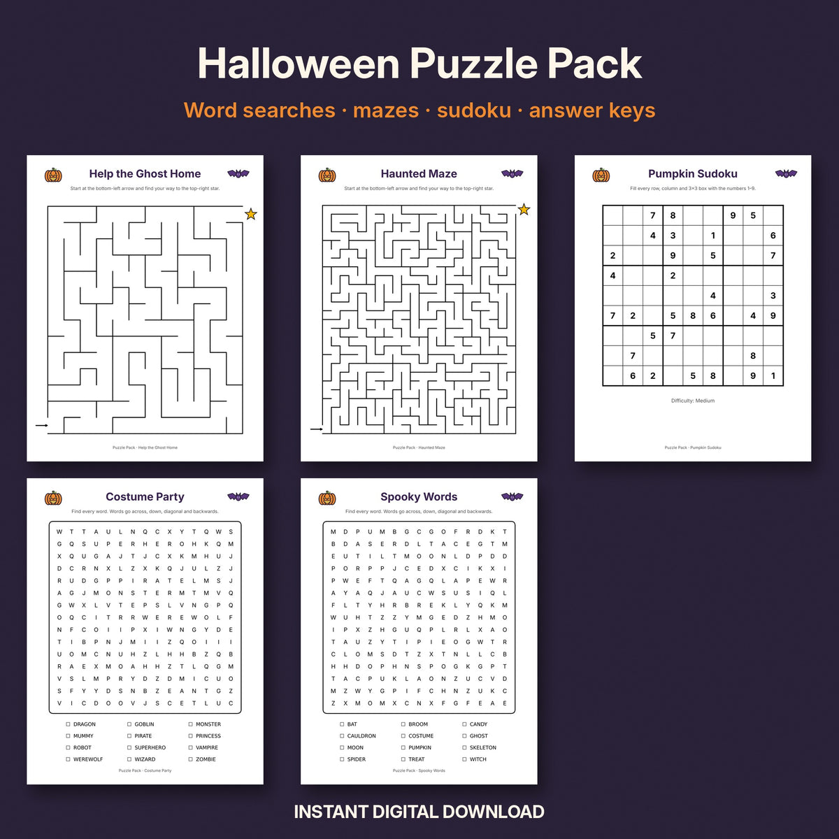 Halloween Puzzle Pack | Word Search, Mazes & Sudoku with Answer Keys