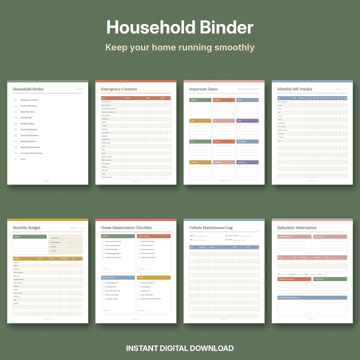 Household Binder Printable | 21-Page Home Management Binder with Dividers