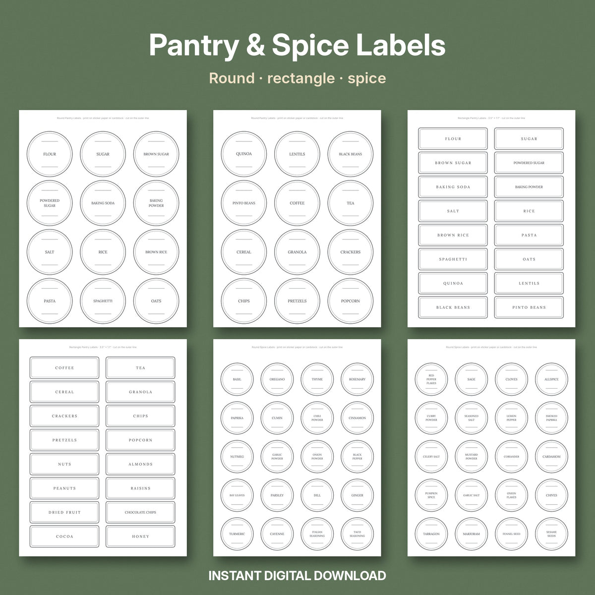 Pantry & Spice Labels Printable | 190+ Minimalist Round & Rectangle Kitchen Labels