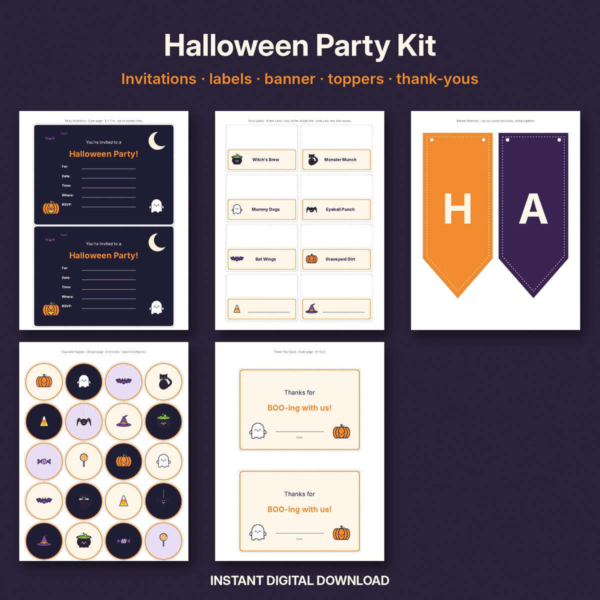 Halloween Party Printables Kit | Invitations, Banner, Food Labels, Cupcake Toppers
