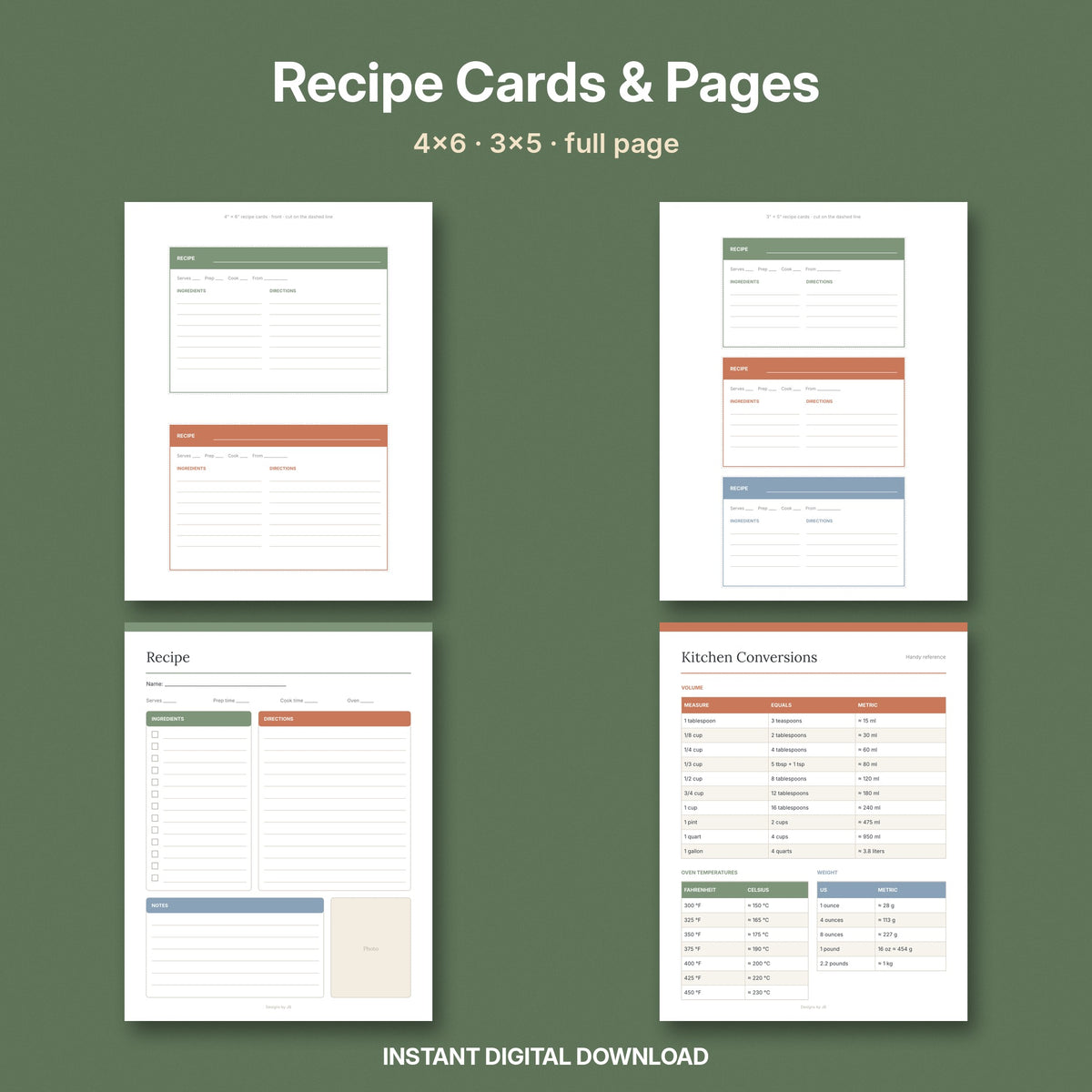 Recipe Cards Printable | 4x6 & 3x5 Recipe Cards, Recipe Pages & Kitchen Conversions