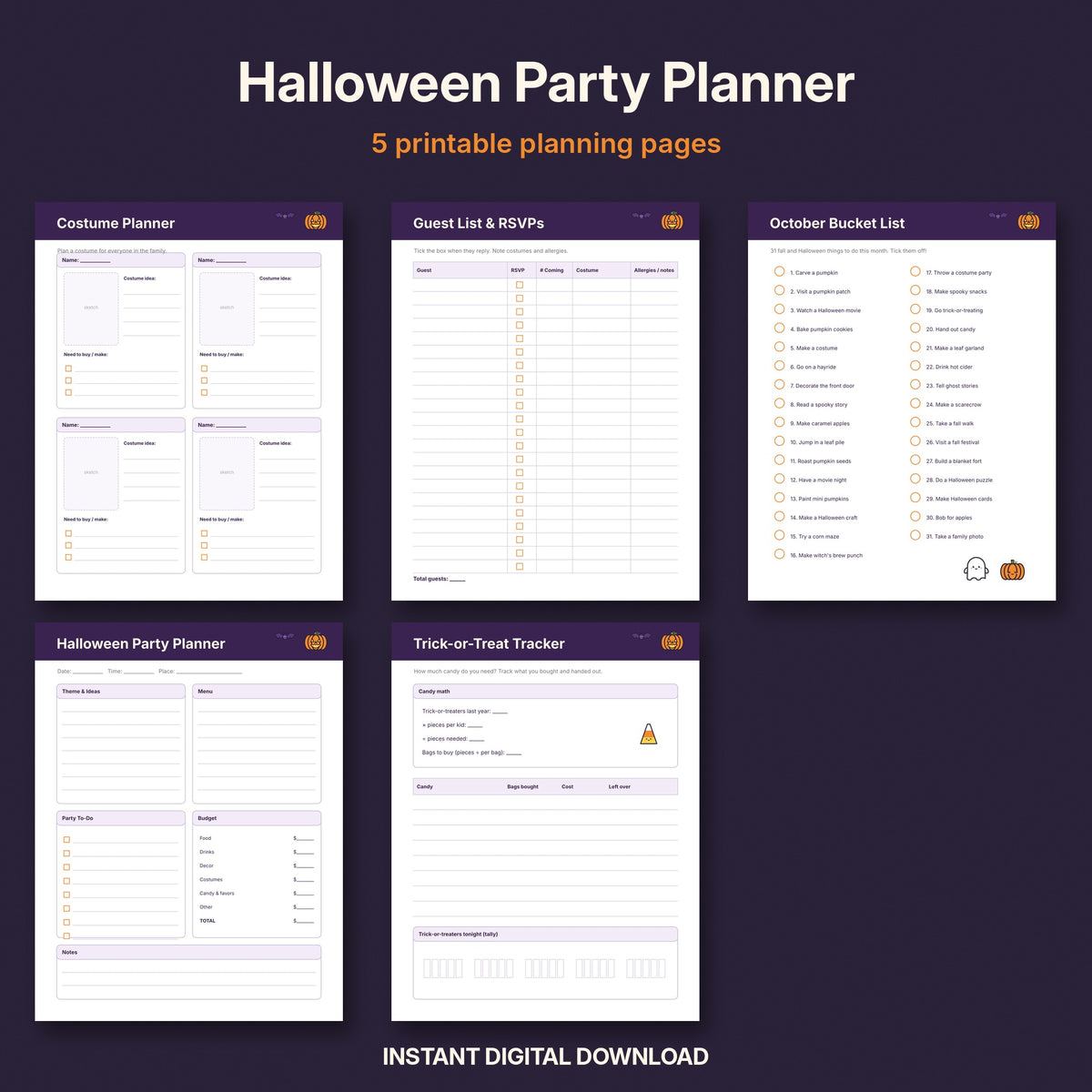 Halloween Party Planner Printable | Guest List, Costume Planner & October Bucket List
