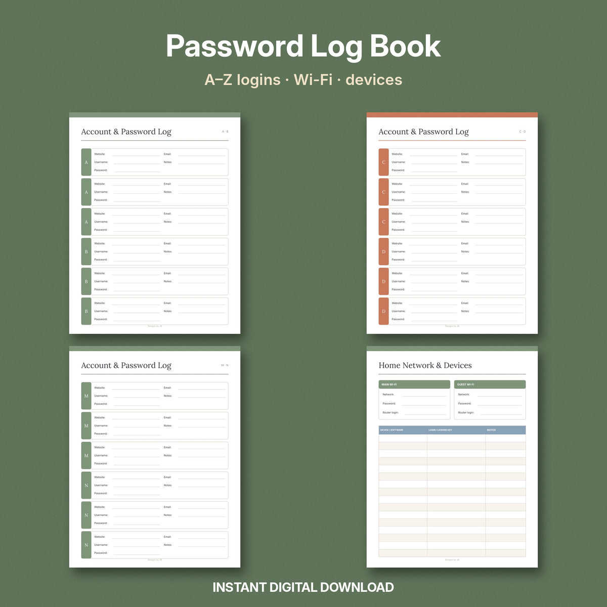 Password Log Book Printable | A–Z Password Keeper, Wi-Fi & Devices Page