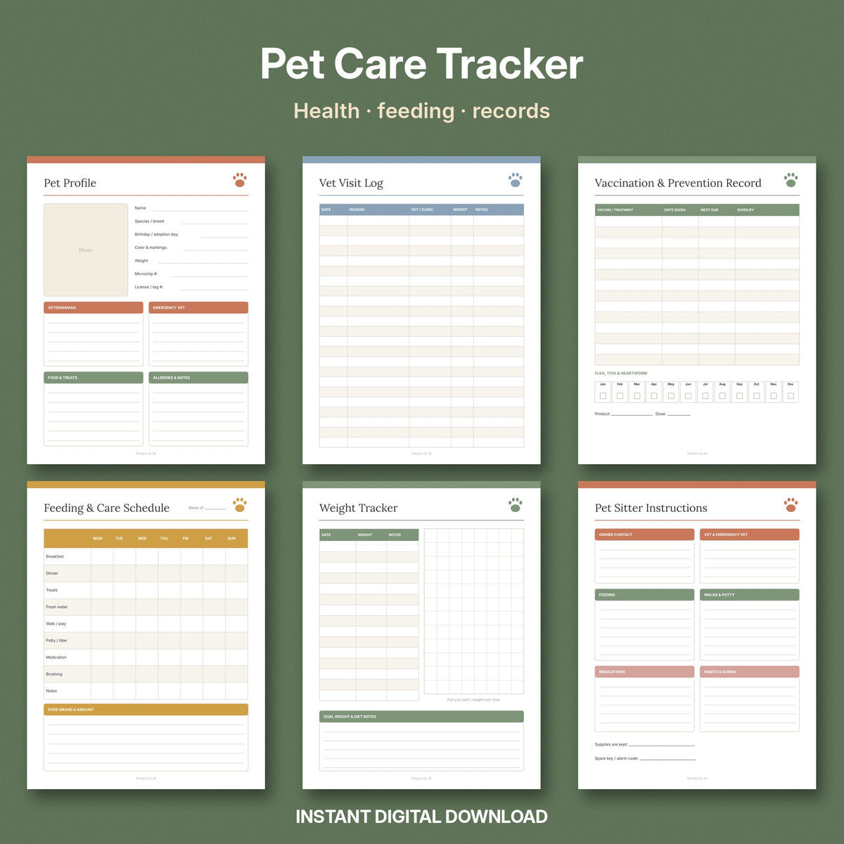 Pet Care Tracker Printable | Dog & Cat Health Records, Vet Log & Pet Sitter Sheet