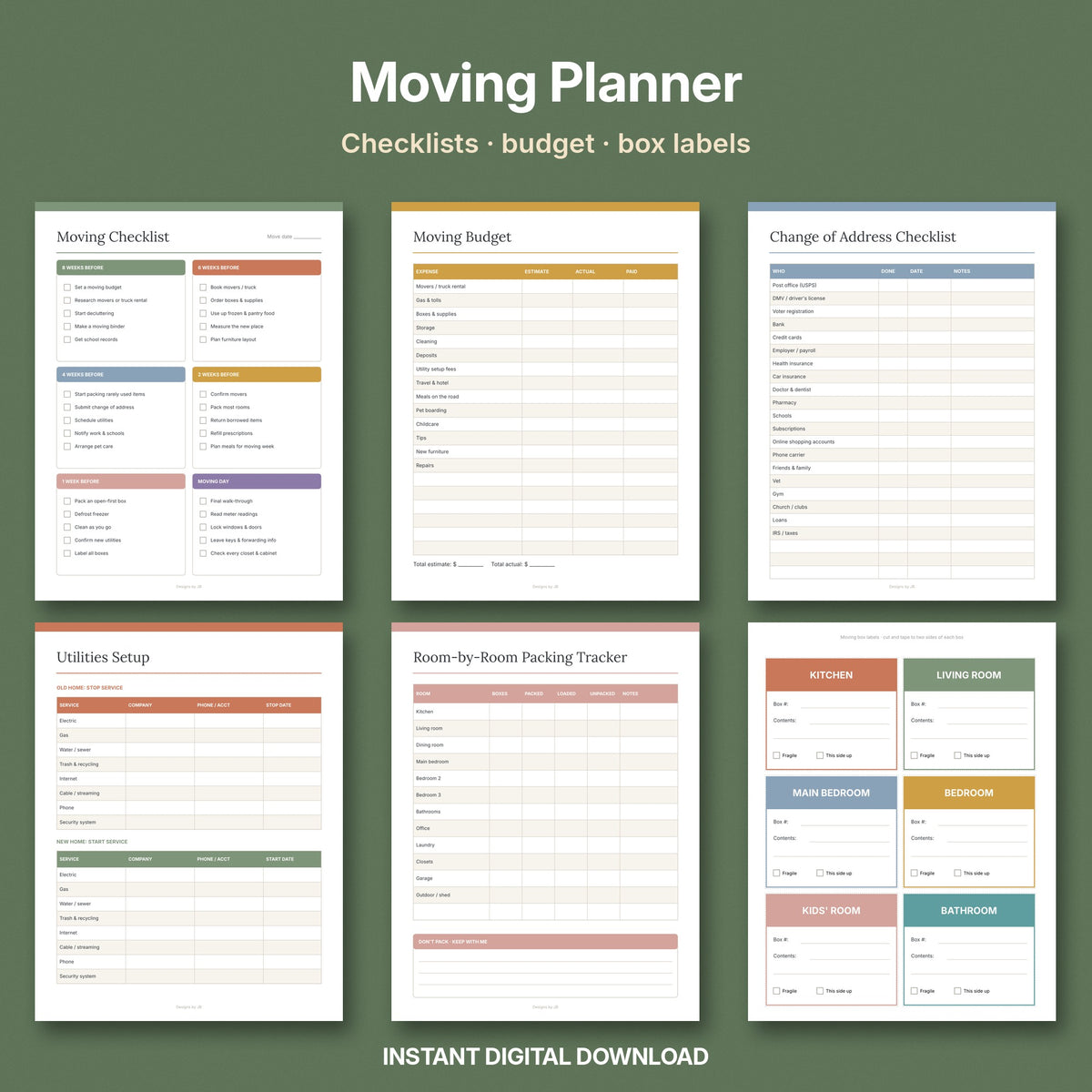 Moving Planner Printable | Moving Checklist, Budget, Change of Address & Box Labels