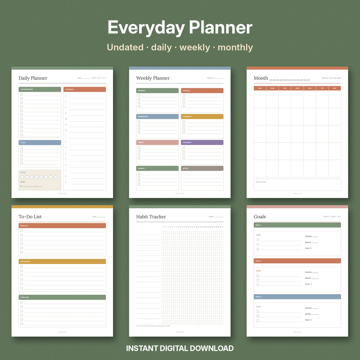 Undated Planner Printable | Daily, Weekly & Monthly Planner, Habit Tracker & Goals