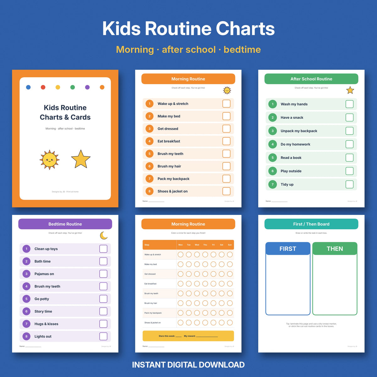 Kids Routine Charts | Morning, After School & Bedtime Checklists + Routine Cards