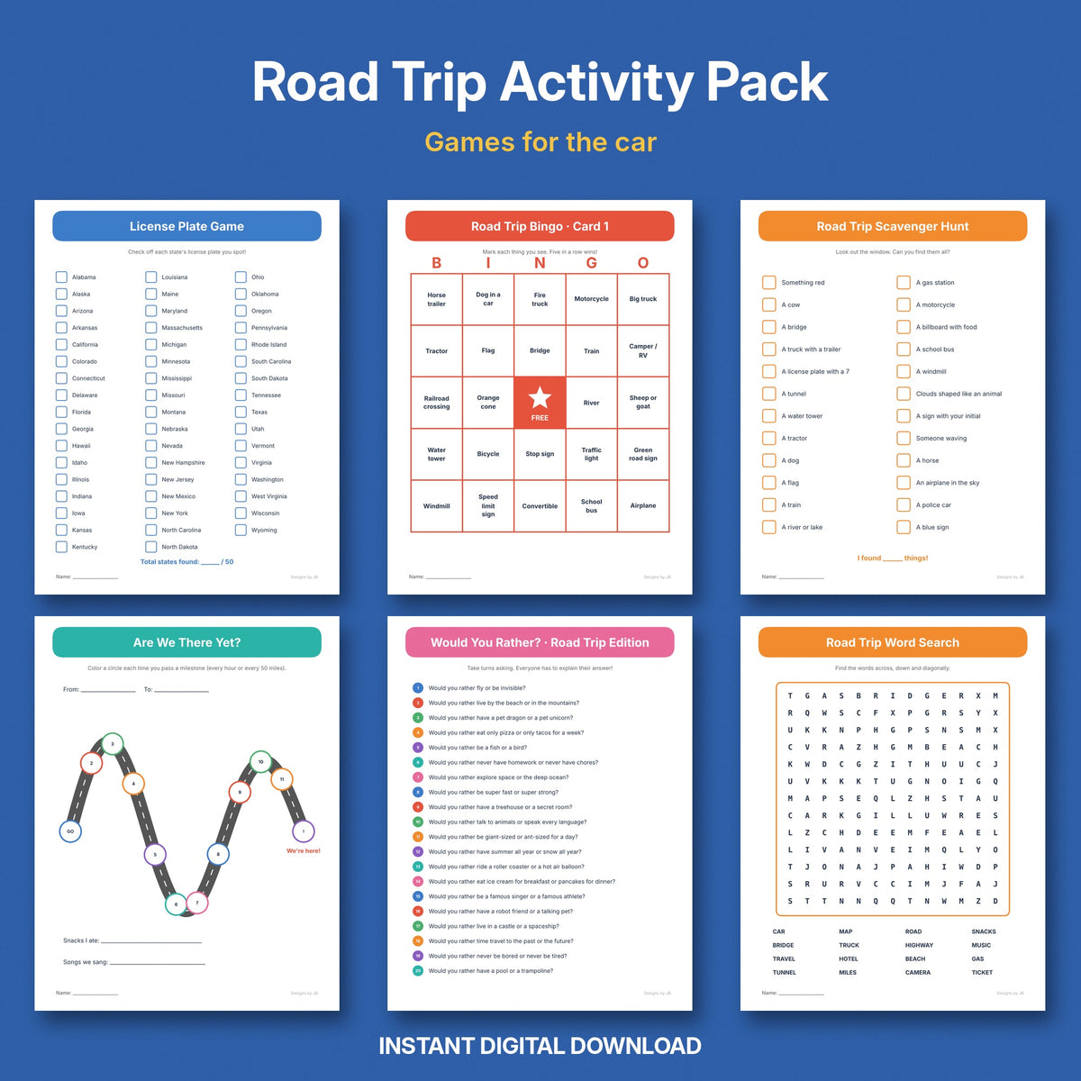 Road Trip Activity Pack for Kids | Car Bingo, License Plate Game & Travel Games