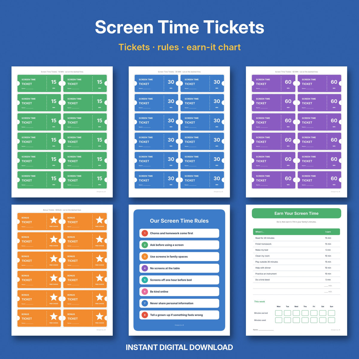 Screen Time Tickets & Chart | Printable Screen Time Coupons, Rules & Earn-It Chart