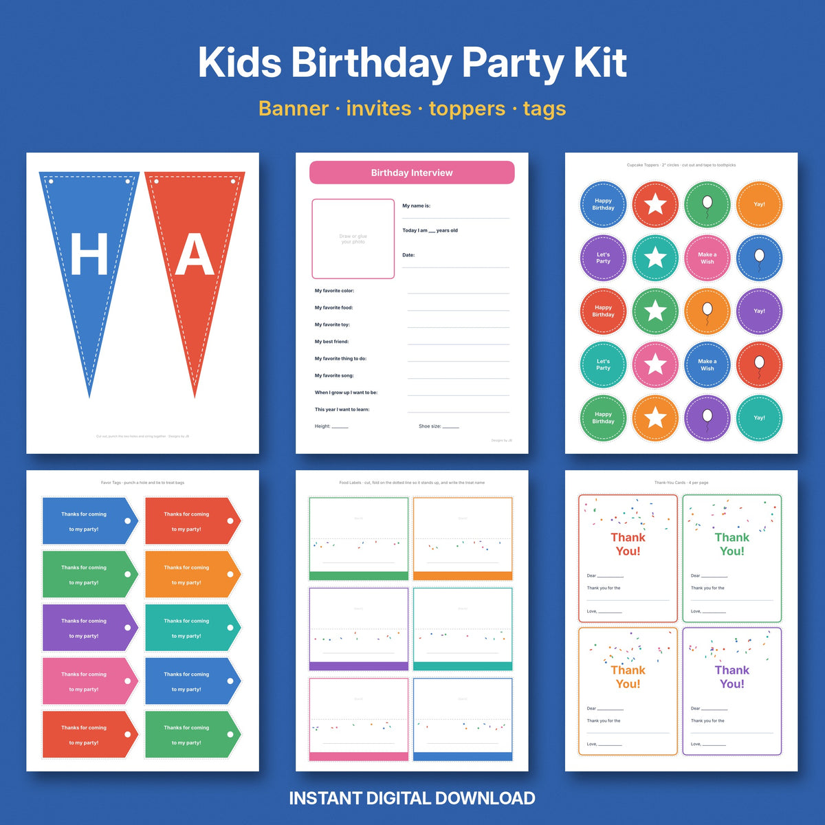 Kids Birthday Party Kit | Printable Banner, Invitations, Cupcake Toppers & Favor Tags