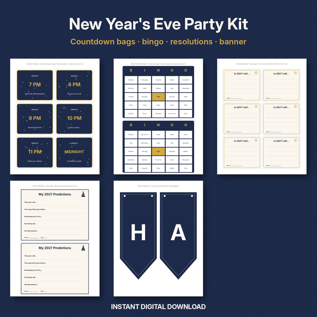 New Year's Eve Party Kit | Countdown Bags, Bingo, Resolution Cards & Banner Printables