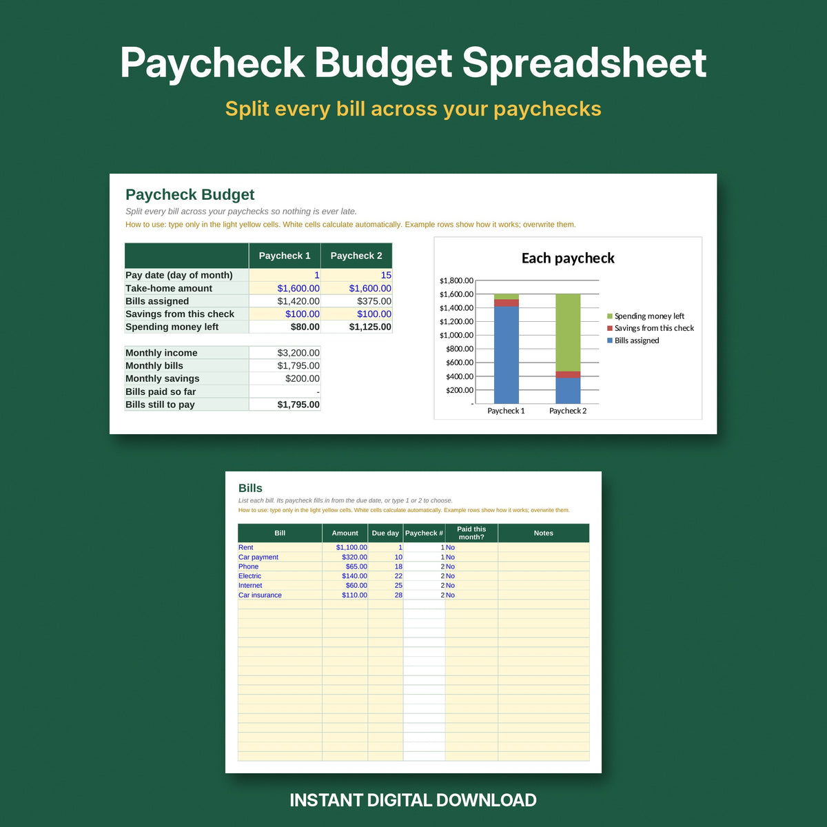 Paycheck Budget Spreadsheet | Bill Planner by Paycheck (Excel & Google Sheets)