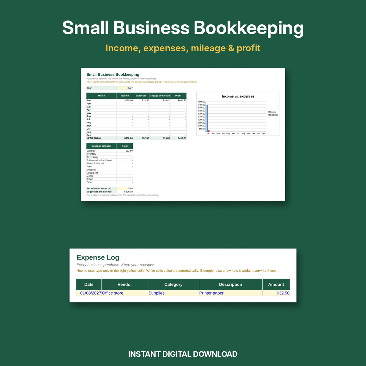 Small Business Bookkeeping Spreadsheet | Income, Expenses, Mileage & Profit (Excel & Google Sheets)