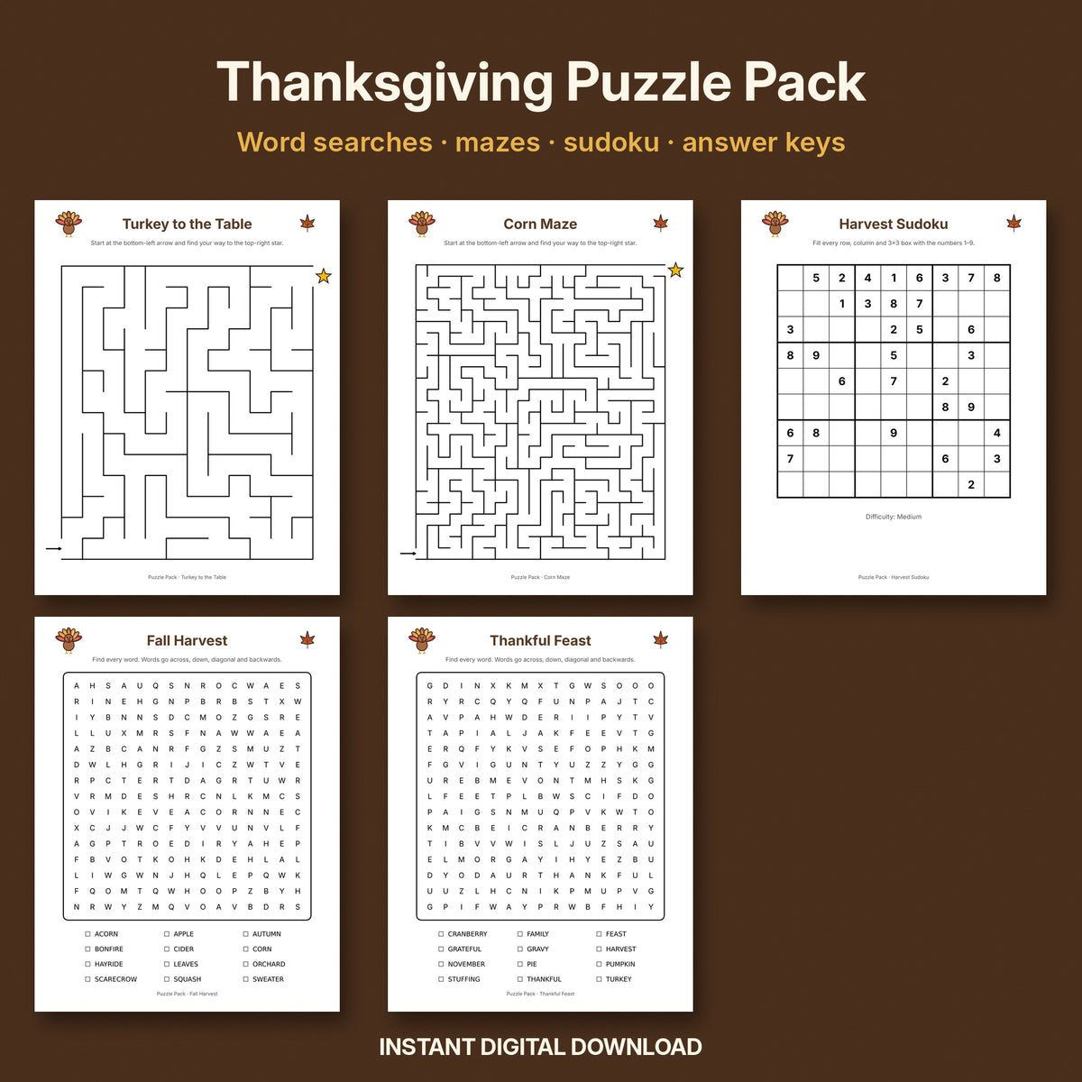 Thanksgiving Puzzle Pack | Word Search, Mazes & Sudoku with Answer Keys