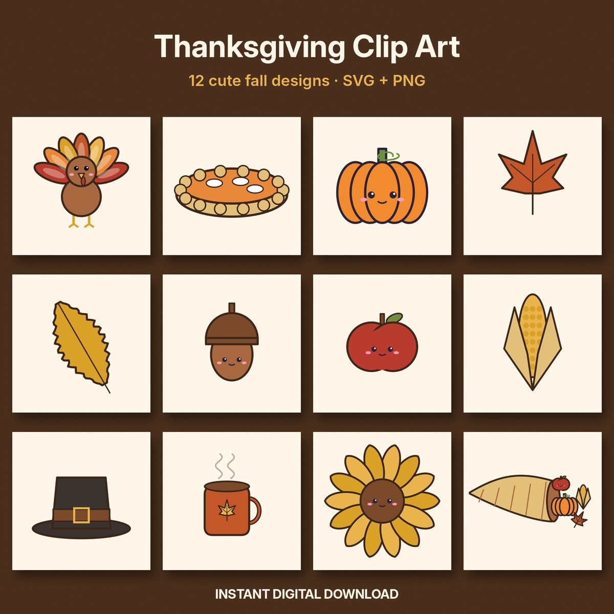 Thanksgiving Clip Art Bundle | 12 Cute Fall SVG & PNG Designs