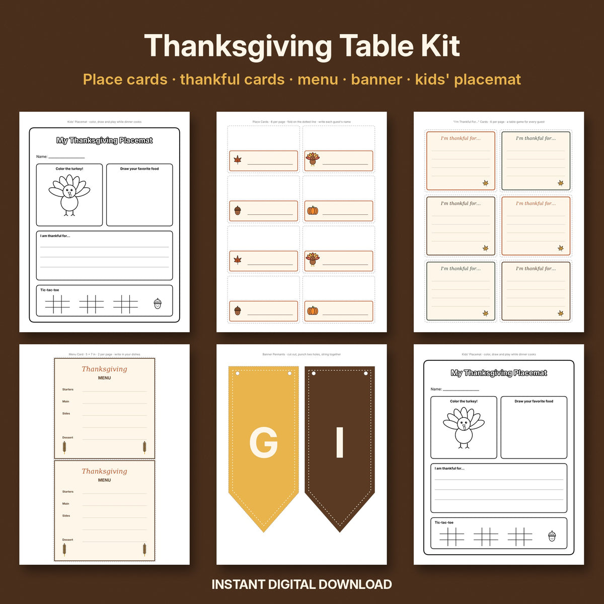 Thanksgiving Table Printables Kit | Place Cards, Thankful Cards, Menu, Banner & Kids' Placemat