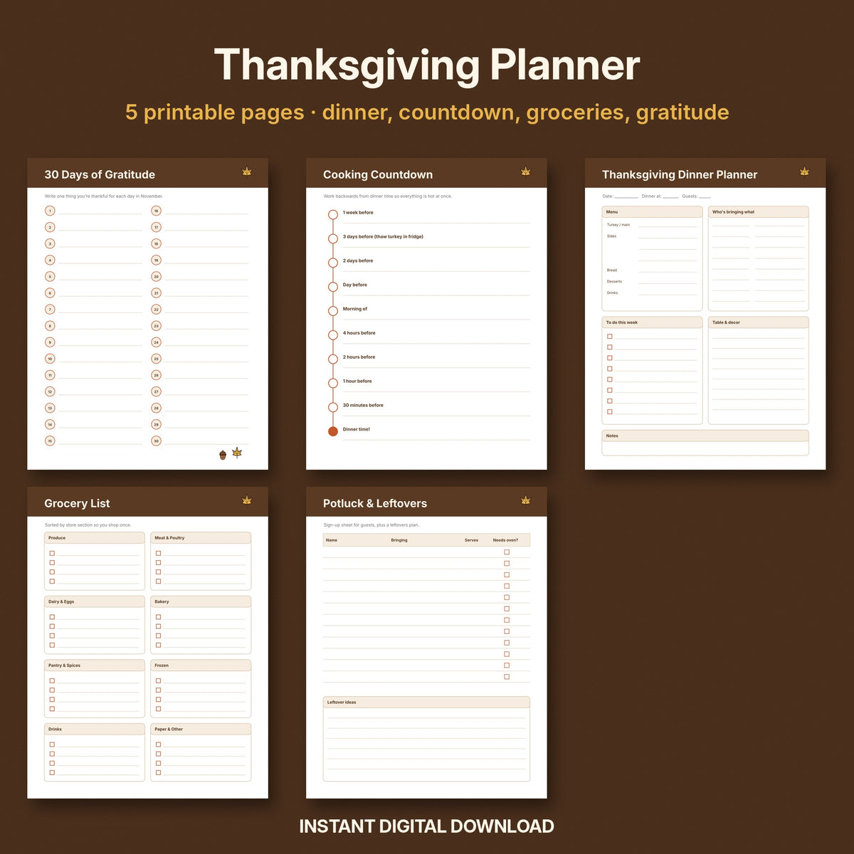 Thanksgiving Planner Printable | Dinner Planner, Cooking Countdown & 30 Days of Gratitude