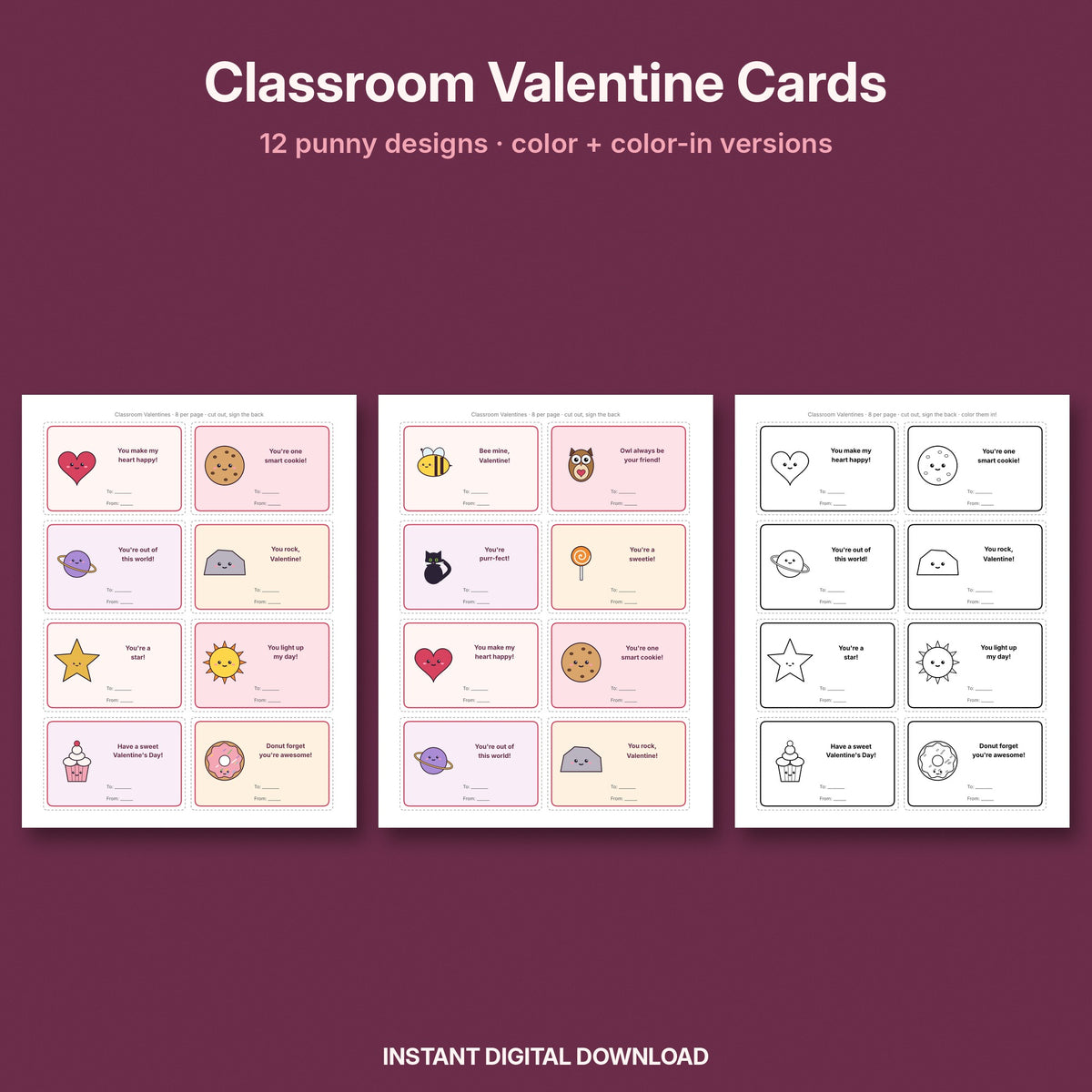 Classroom Valentine Cards | 12 Punny Printable Valentines for Kids (Color + Color-In)