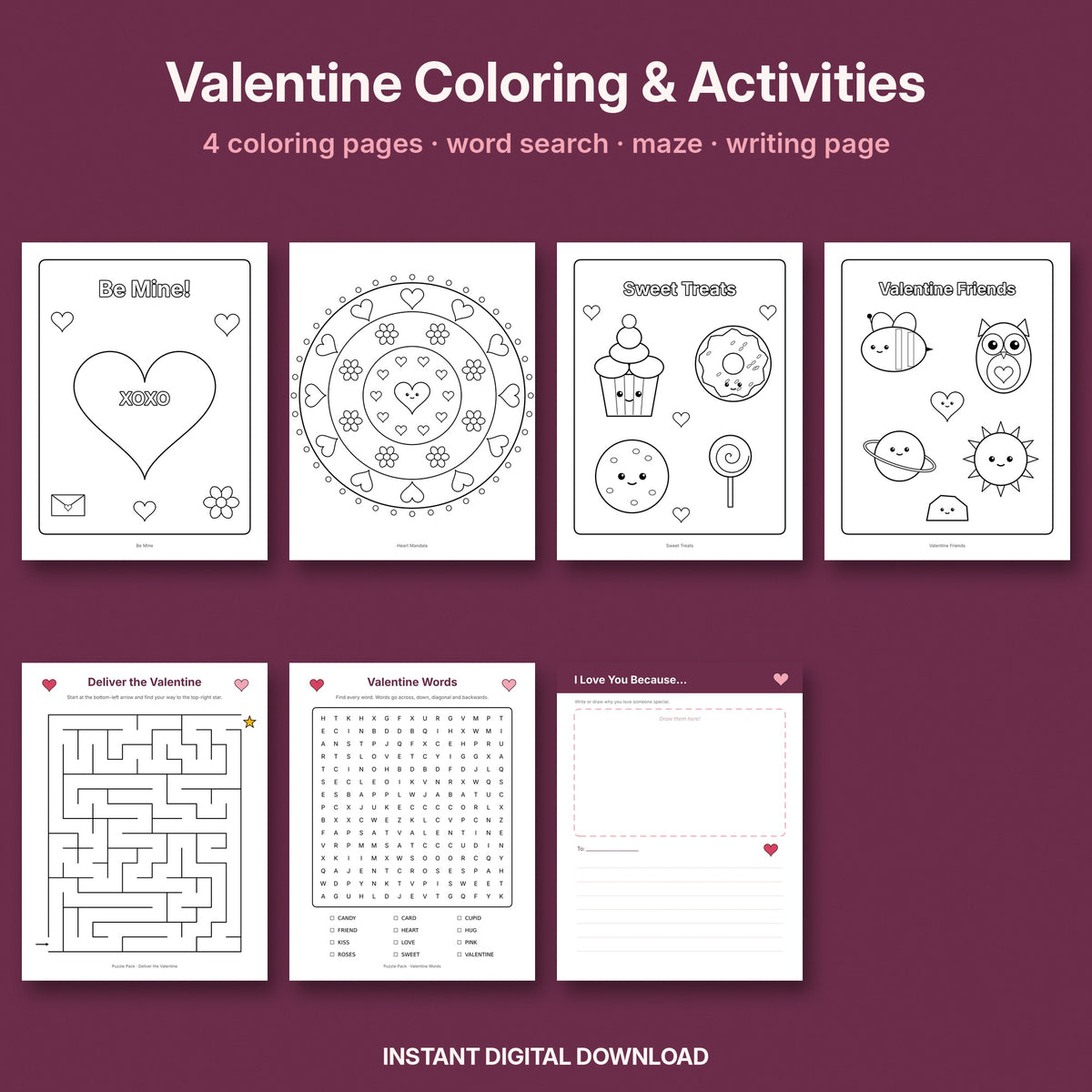 Valentine's Day Coloring & Activity Pages | Coloring, Word Search, Maze for Kids