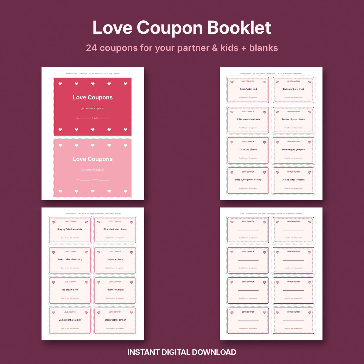 Love Coupon Booklet | Printable Valentine Coupons for Your Partner & Kids