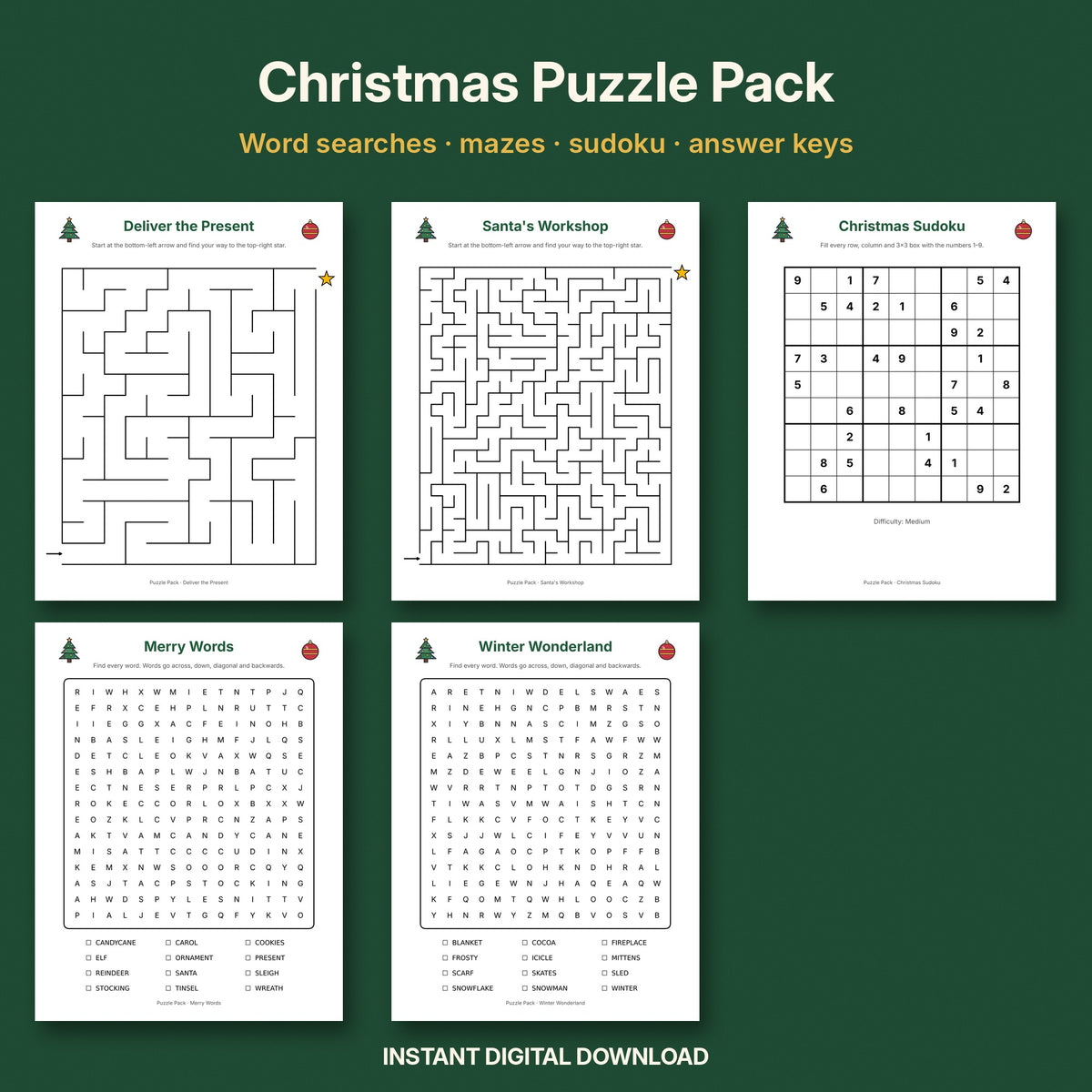 Christmas Puzzle Pack | Word Search, Mazes & Sudoku with Answer Keys