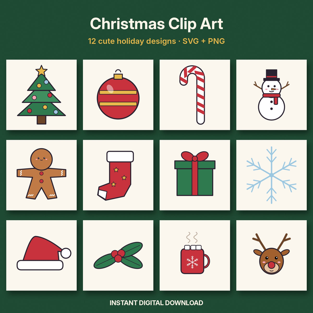 Christmas Clip Art Bundle | 12 Cute Holiday SVG & PNG Designs