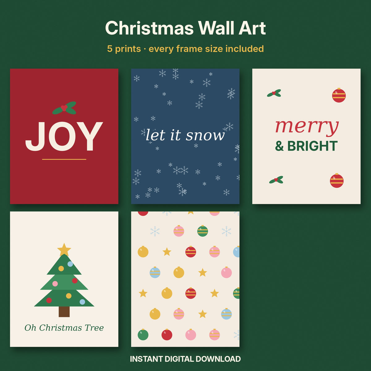 Christmas Wall Art Set of 5 | Printable Holiday Prints in Every Frame Size