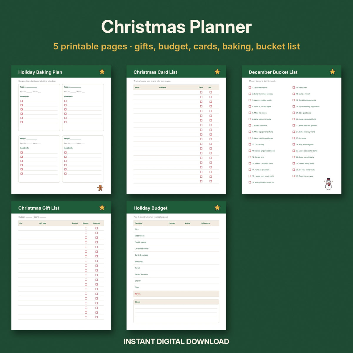 Christmas Planner Printable | Gift List, Holiday Budget, Card List & December Bucket List